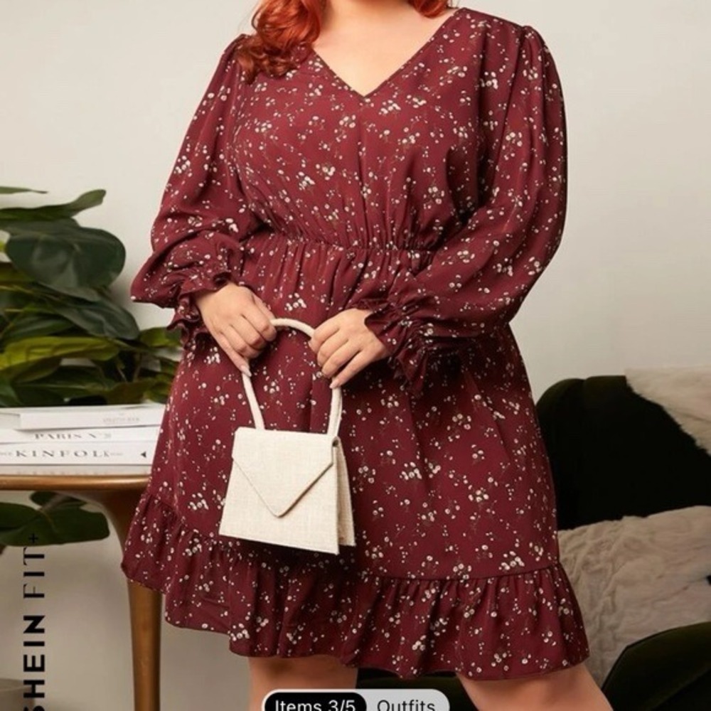 (B4) Shein Curve Burgundy Floral V-Neck Ruffle Hem Mini Dress 4XL 20